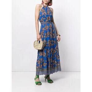Alexis Joyette Blue Floral Halterneck Maxi Dress with Belt Size Small 100 Cotton